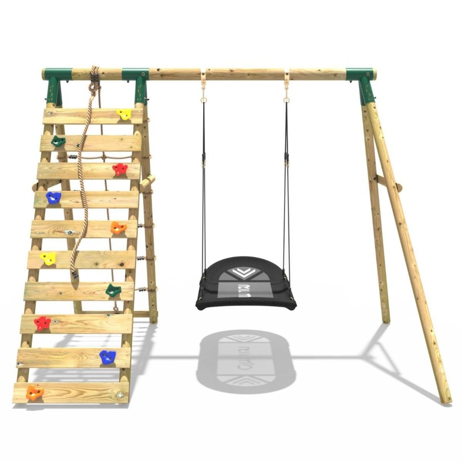 Swings OutdoorToys Wooden Swings | Rebo Wooden Swing Set With Up And Over Climbing Wall - Eden Green