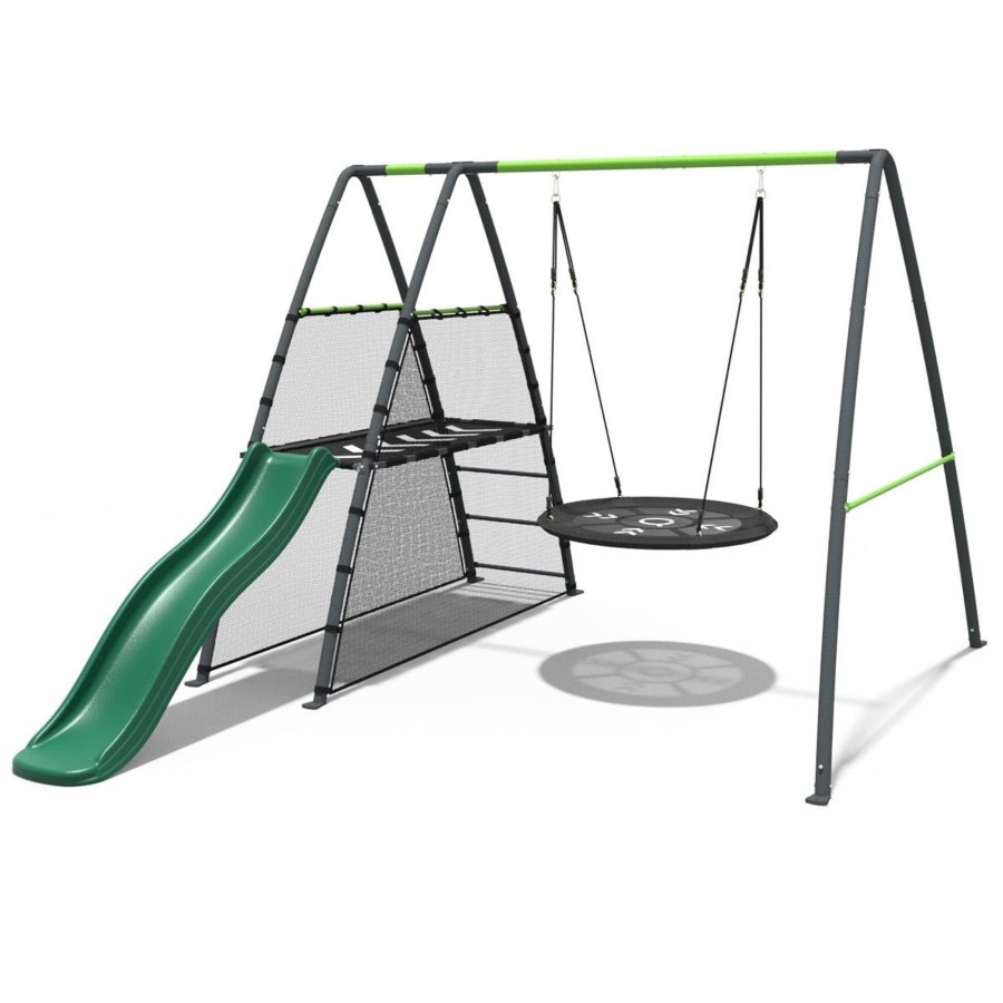 Swings OutdoorToys Metal Swing Sets | Rebo Steel Series Metal Swing Set With Slide Platform & 6Ft Slide - Nest Green