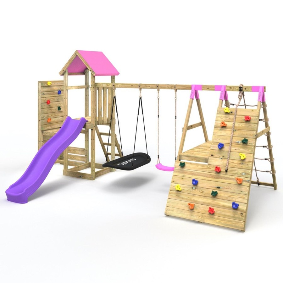 Climbing Frames OutdoorToys Climbing Frames With Rock Walls | Rebo Wooden Climbing Frame With Vertical Rock Wall, Swing Set And Slide - San Luis+ Pink