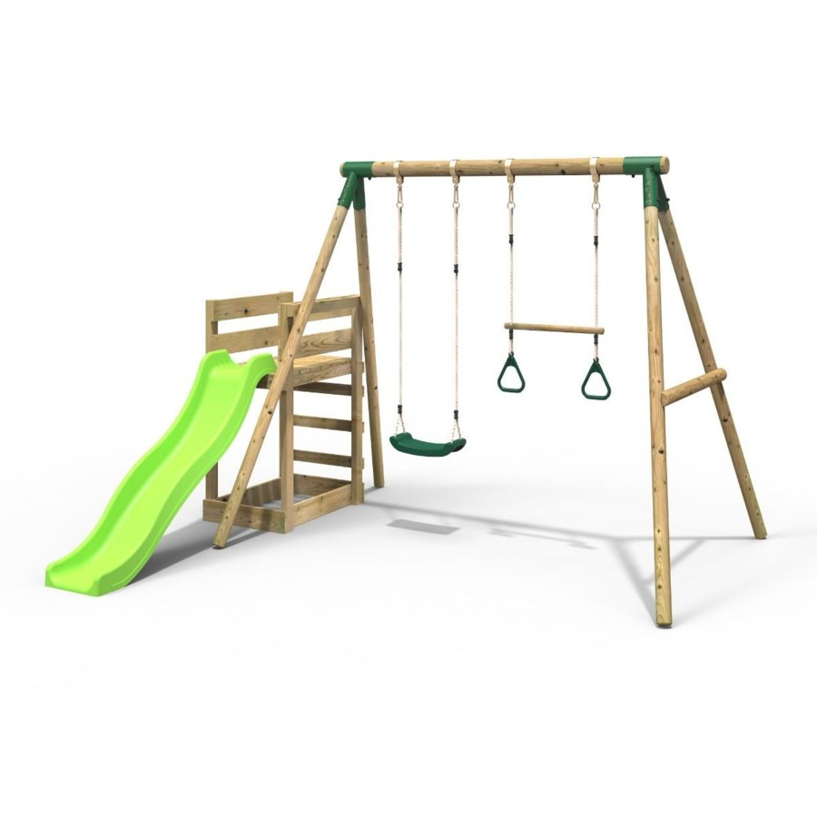 Swings OutdoorToys Wooden Swings | Rebo Wooden Swing Set Plus Deck & Slide - Janus Green