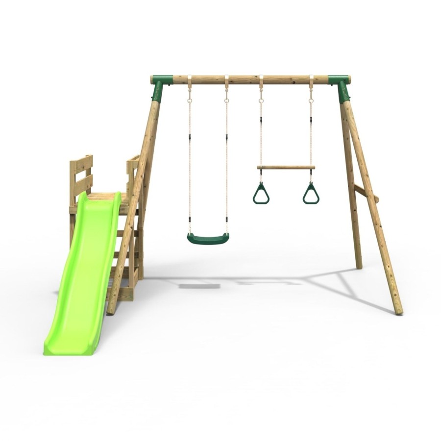 Swings OutdoorToys Wooden Swings | Rebo Wooden Swing Set Plus Deck & Slide - Janus Green