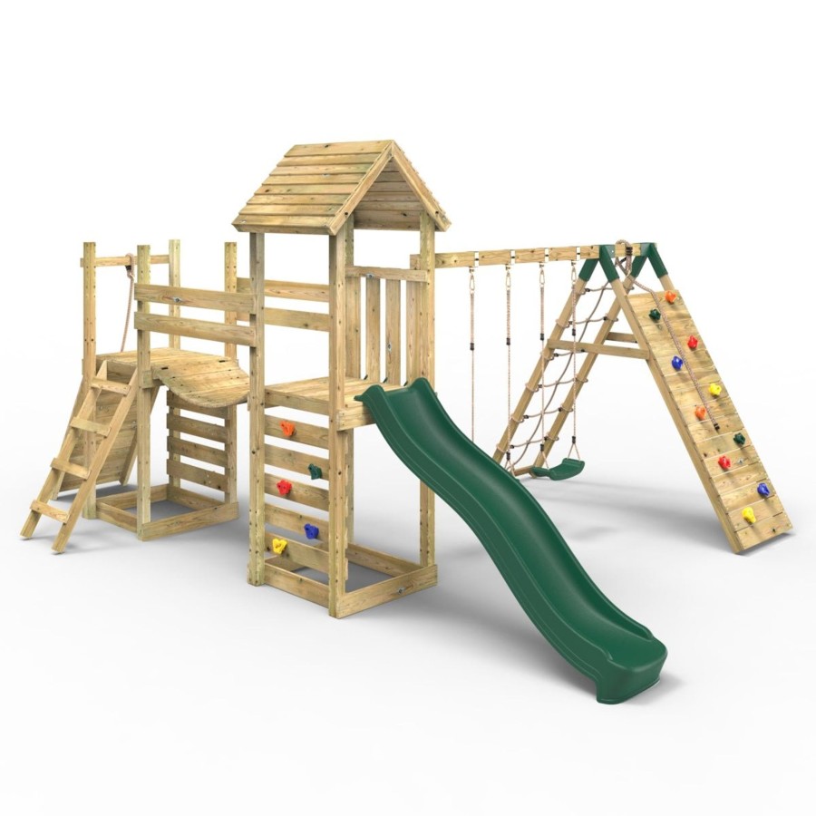 Climbing Frames OutdoorToys Climbing Frames With Rock Walls | Rebo Double Tower Climbing Frame With Flexible Bridge, Swing & Slide - Greenhorn