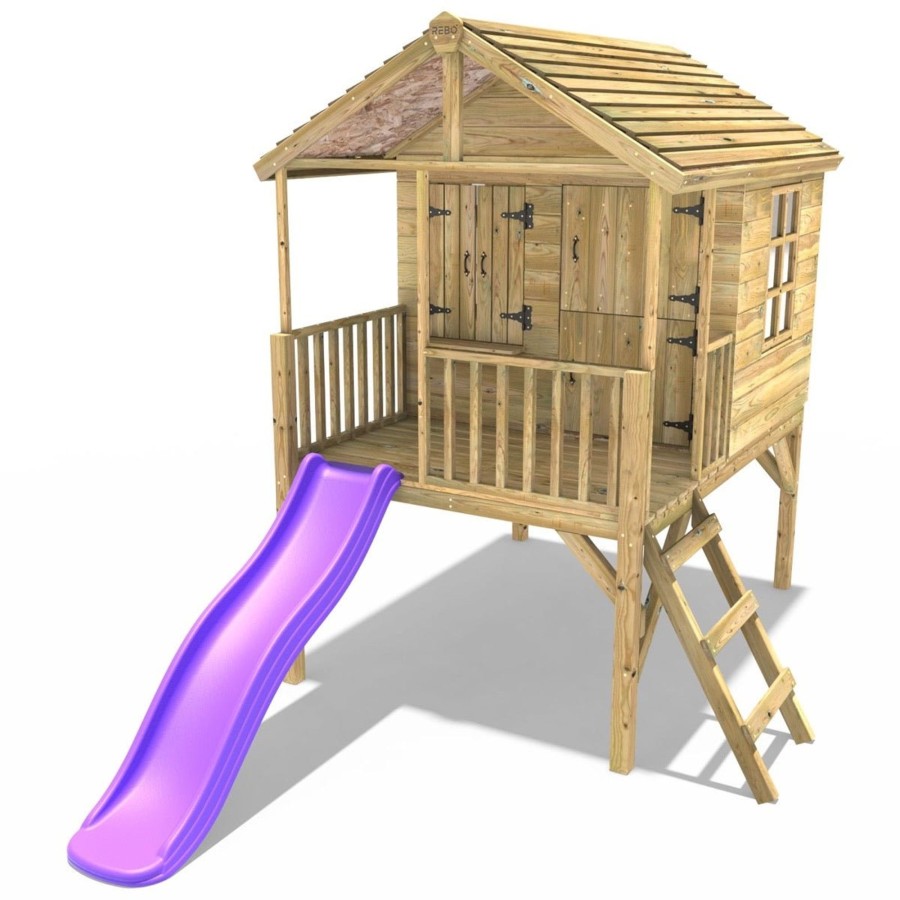 Playhouses OutdoorToys Playhouses With Slides | Rebo 5Ft X 5Ft Childrens Wooden Garden Playhouse On Deck With 6Ft Slide - Falcon Purple