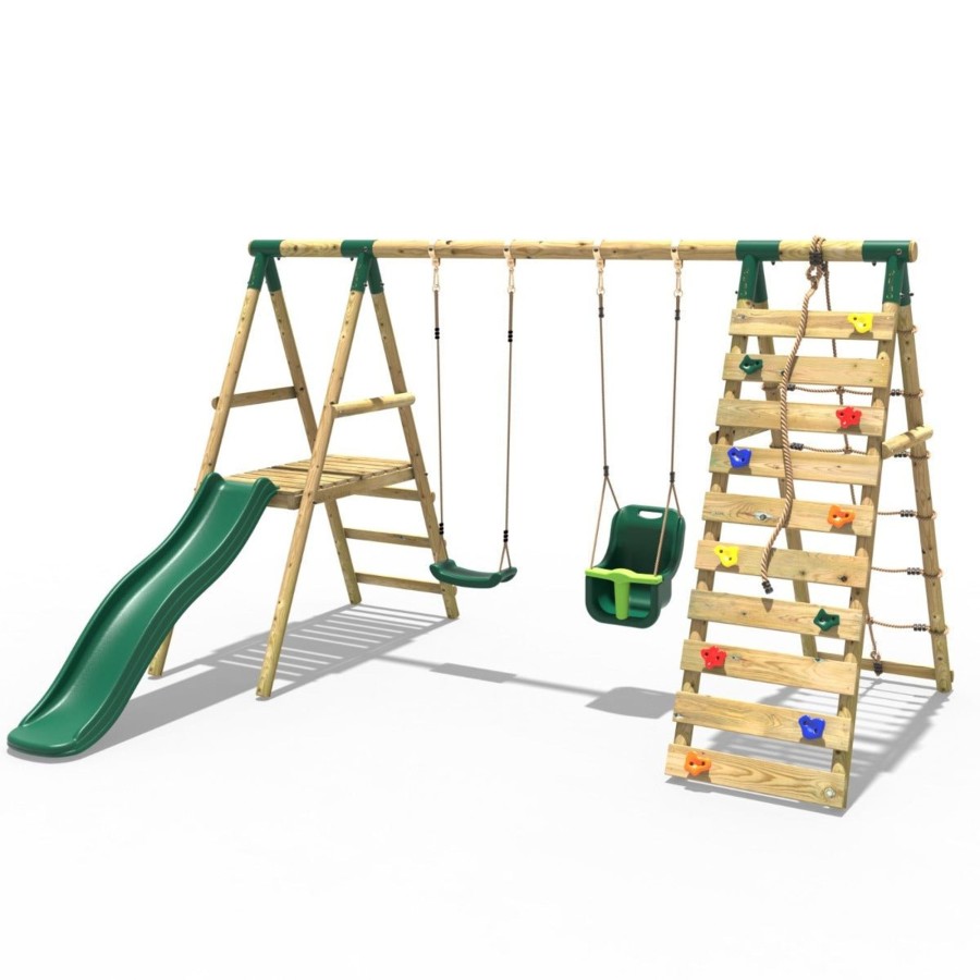 Swings OutdoorToys Wooden Swings | Rebo Wooden Swing Set With Deck And Slide Plus Up And Over Climbing Wall - Moonstone Green