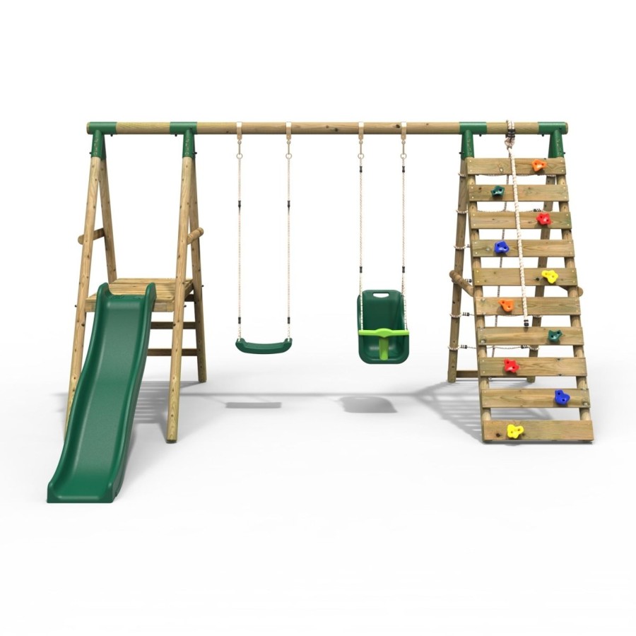 Swings OutdoorToys Wooden Swings | Rebo Wooden Swing Set With Deck And Slide Plus Up And Over Climbing Wall - Moonstone Green