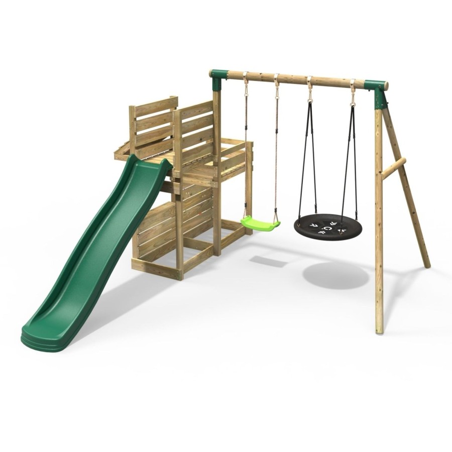 Swings OutdoorToys Wooden Swings | Rebo Wooden Swing Set With Deluxe Add On Deck & 8Ft Slide - Satellite Green