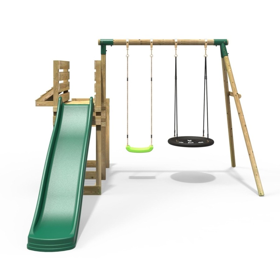 Swings OutdoorToys Wooden Swings | Rebo Wooden Swing Set With Deluxe Add On Deck & 8Ft Slide - Satellite Green