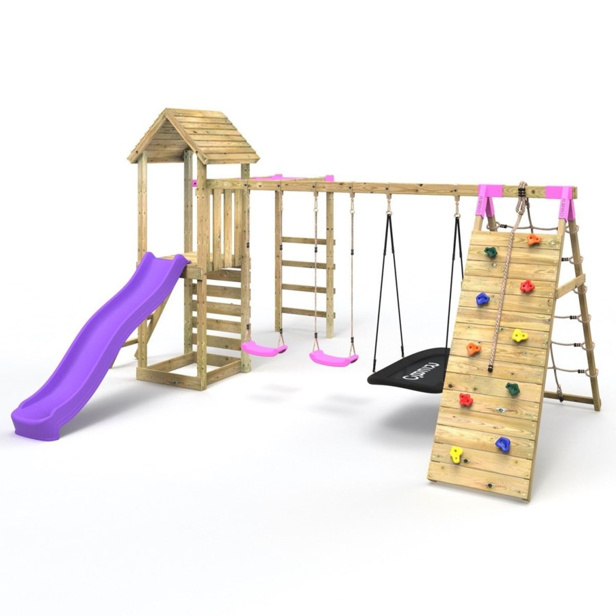 Climbing Frames OutdoorToys Climbing Frames With Rock Walls | Rebo Wooden Climbing Frame With Swings, Slide, Up & Over Climbing Wall And Monkey Bars - Pyrennes Pink