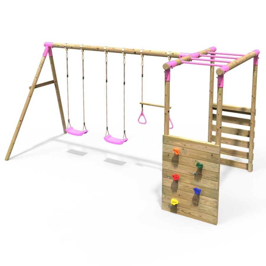 Swings OutdoorToys Wooden Swings | Rebo Wooden Garden Swing Set With Monkey Bars - Comet Pink