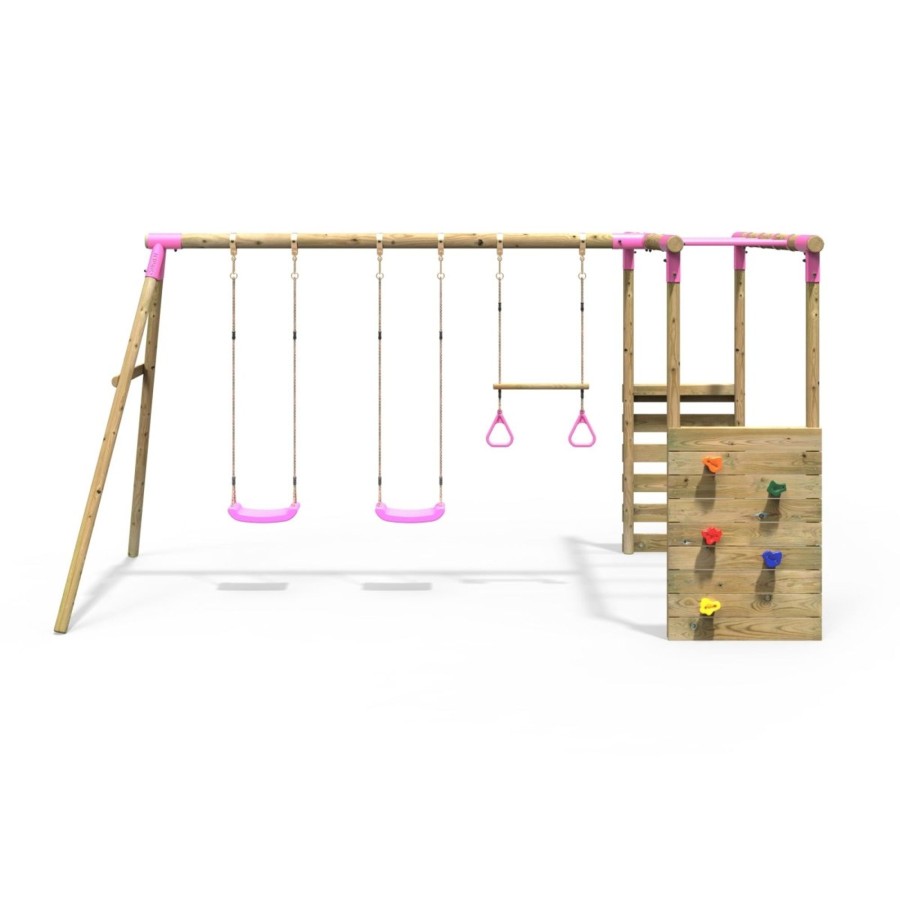 Swings OutdoorToys Wooden Swings | Rebo Wooden Garden Swing Set With Monkey Bars - Comet Pink