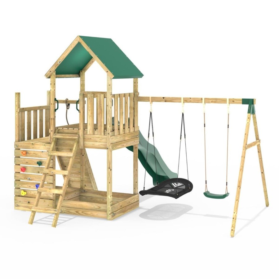 Climbing Frames OutdoorToys Climbing Frames With Rock Walls | Rebo Modular Wooden Climbing Frame Adventure Playset - M3 Plus Ramp & Double Swing