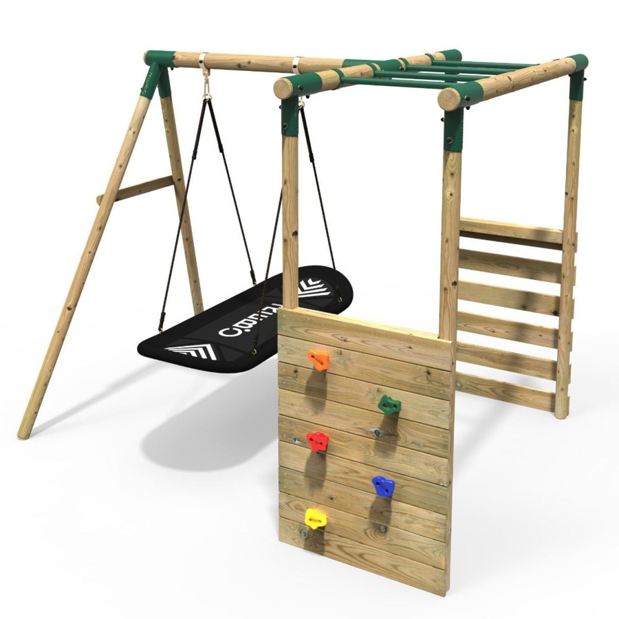 Swings OutdoorToys Wooden Swings | Rebo Wooden Garden Swing Set With Monkey Bars - Boat Green