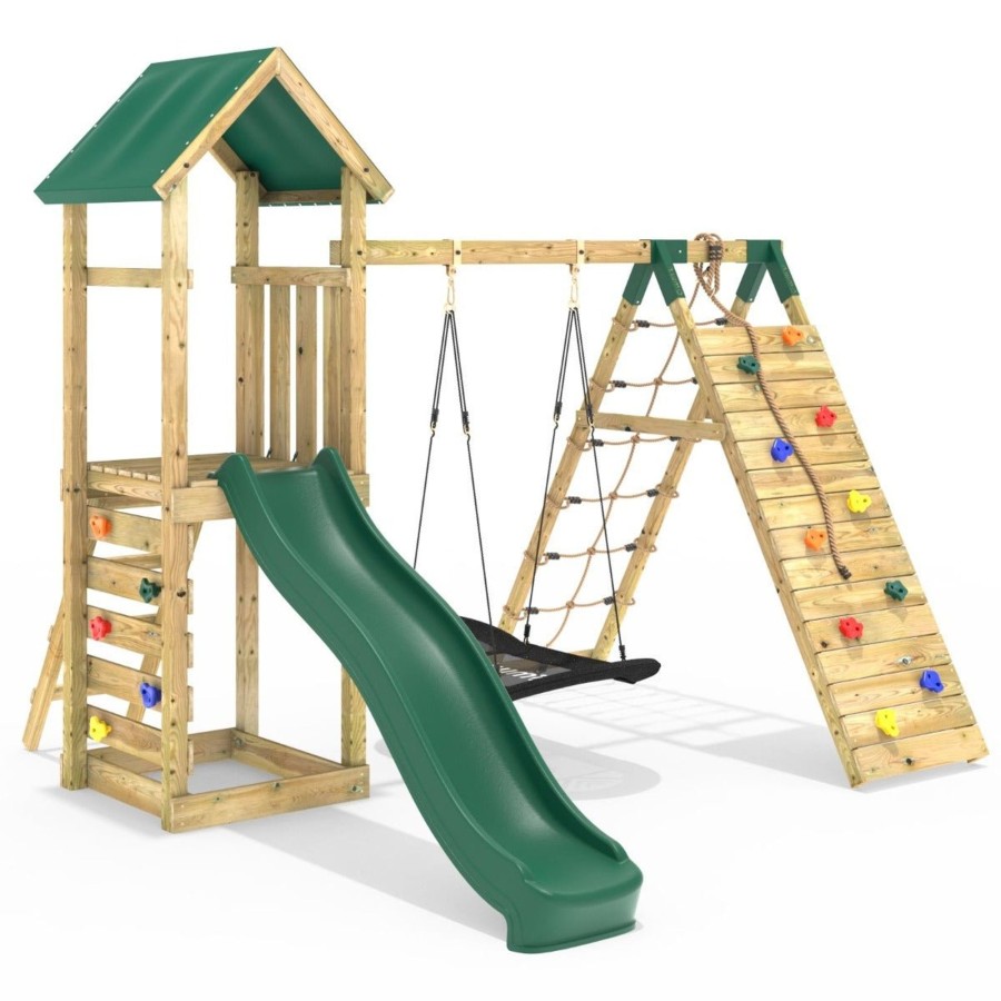 Climbing Frames OutdoorToys Climbing Frames With Rock Walls | Rebo Challenge Wooden Climbing Frame With Swings, Slide And Up & Over Climbing Wall - Ferris