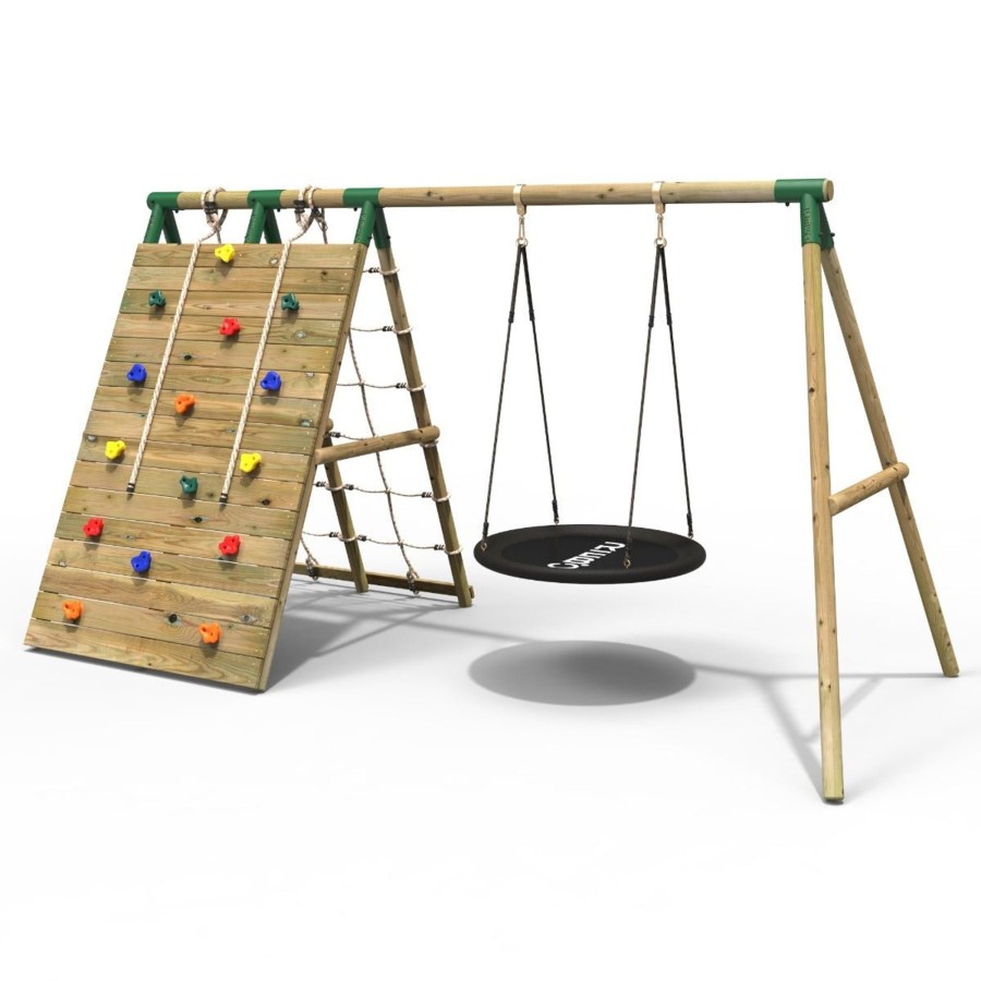 Swings OutdoorToys Swings With Climbing Walls | Rebo Beat The Wall Wooden Swing Set With Double Up & Over Climbing Wall Zenith