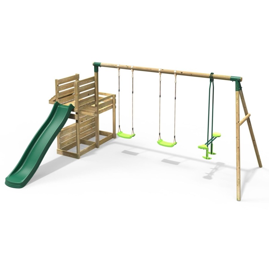 Swings OutdoorToys Wooden Swings | Rebo Wooden Swing Set With Deluxe Add On Deck & 8Ft Slide - Neptune Green