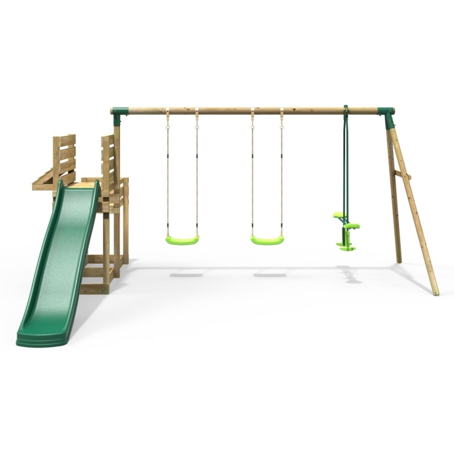 Swings OutdoorToys Wooden Swings | Rebo Wooden Swing Set With Deluxe Add On Deck & 8Ft Slide - Neptune Green