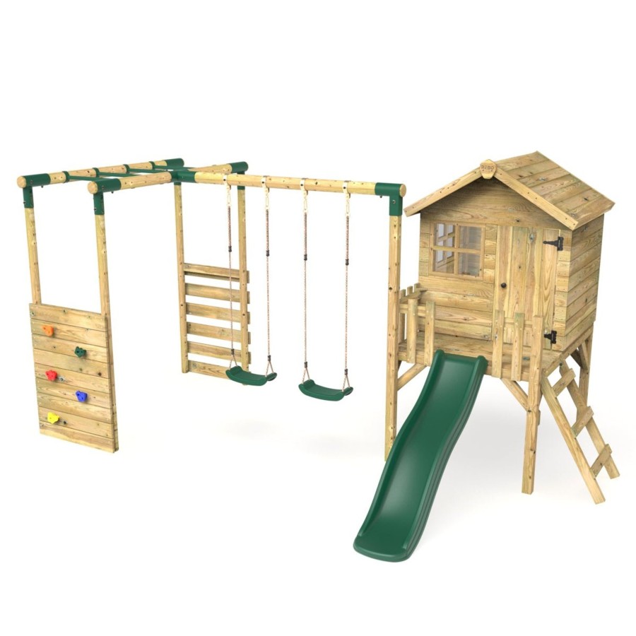 Playhouses OutdoorToys Playhouses With Slides And Swings | Rebo Orchard 4Ft Wooden Playhouse, Swings, Monkey Bars, Deck & 6Ft Slide Venus Green