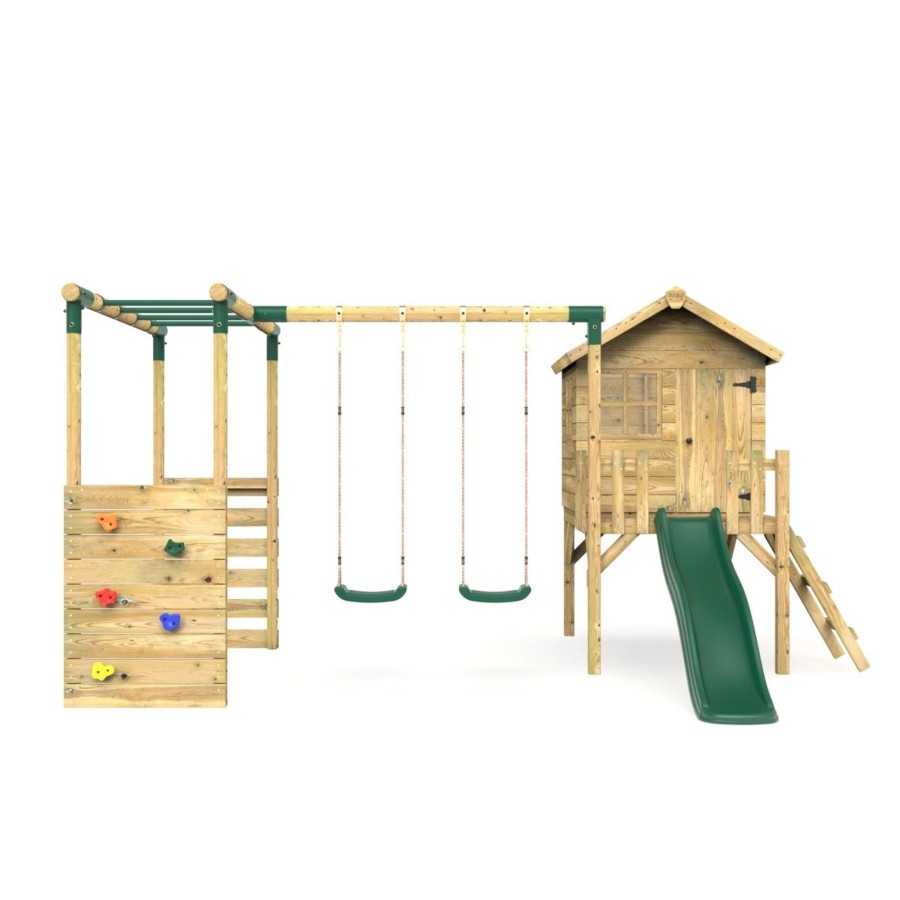 Playhouses OutdoorToys Playhouses With Slides And Swings | Rebo Orchard 4Ft Wooden Playhouse, Swings, Monkey Bars, Deck & 6Ft Slide Venus Green