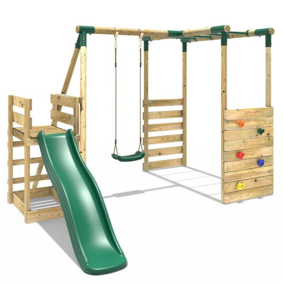 Swings OutdoorToys Wooden Swings | Rebo Wooden Swing Set With Monkey Bars Plus Deck & 6Ft Slide - Solar Green