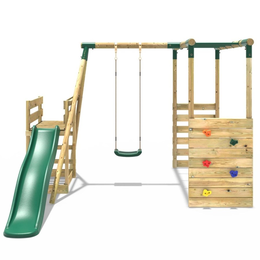 Swings OutdoorToys Wooden Swings | Rebo Wooden Swing Set With Monkey Bars Plus Deck & 6Ft Slide - Solar Green