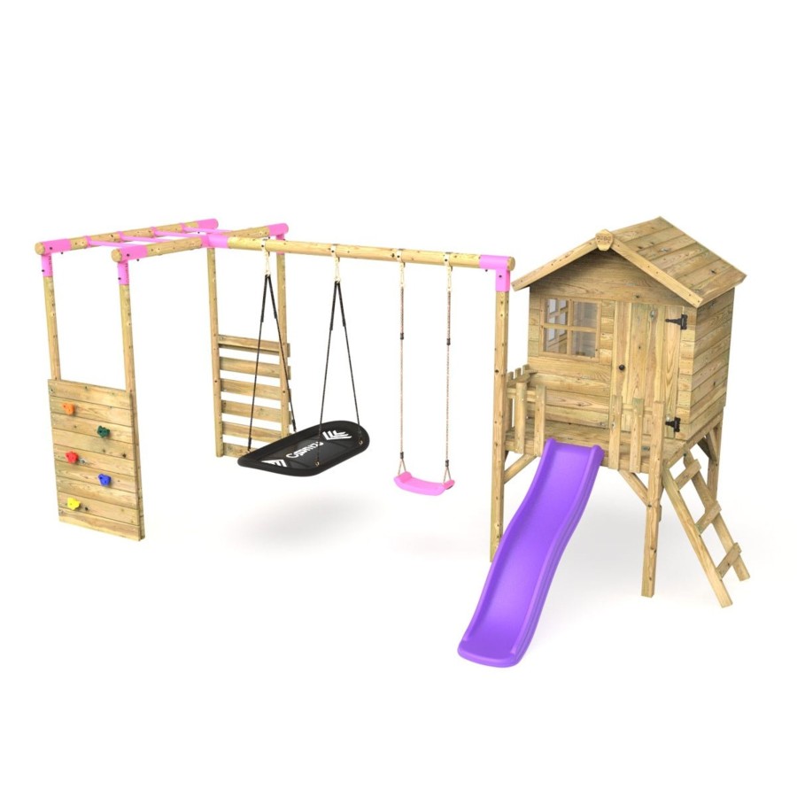 Playhouses OutdoorToys Playhouse With MonWholesale Bars | Rebo Orchard 4Ft Wooden Playhouse, Swings, Monkey Bars, Deck & 6Ft Slide Sage Purple