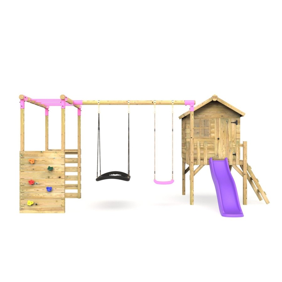 Playhouses OutdoorToys Playhouse With MonWholesale Bars | Rebo Orchard 4Ft Wooden Playhouse, Swings, Monkey Bars, Deck & 6Ft Slide Sage Purple