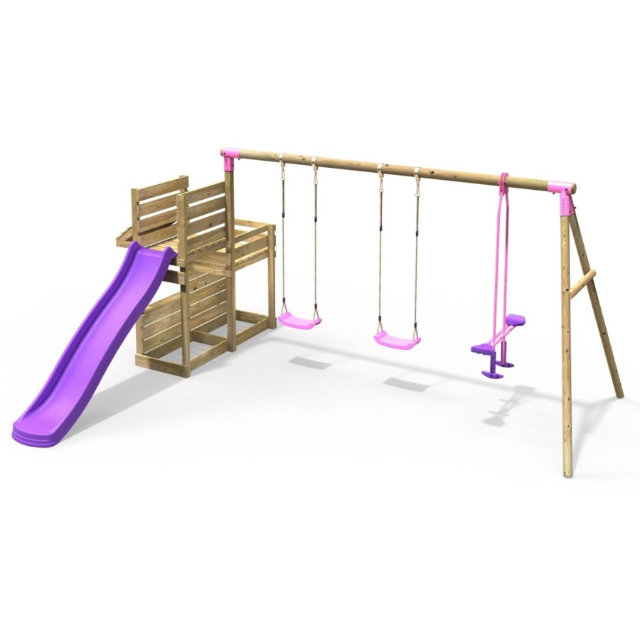 Swings OutdoorToys Wooden Swings | Rebo Wooden Swing Set With Deluxe Add On Deck & 8Ft Slide - Neptune Pink