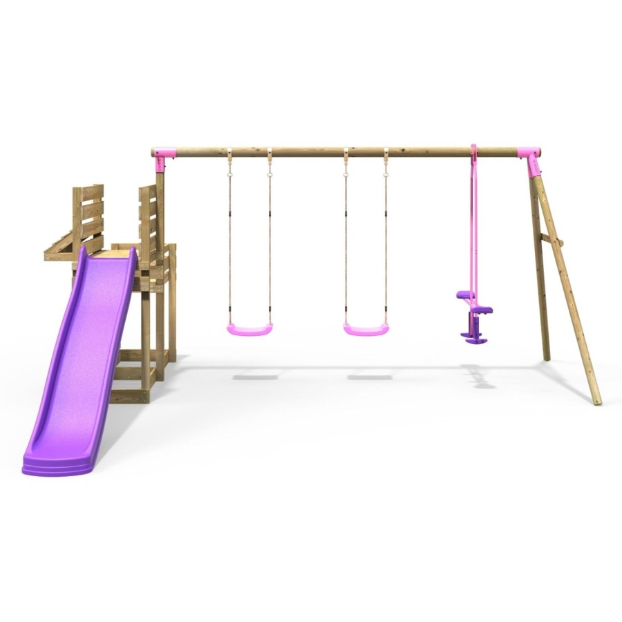 Swings OutdoorToys Wooden Swings | Rebo Wooden Swing Set With Deluxe Add On Deck & 8Ft Slide - Neptune Pink