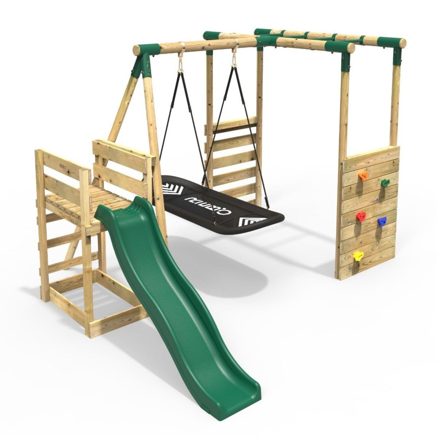 Swings OutdoorToys Wooden Swings | Rebo Wooden Swing Set With Monkey Bars Plus Deck & 6Ft Slide - Boat Green