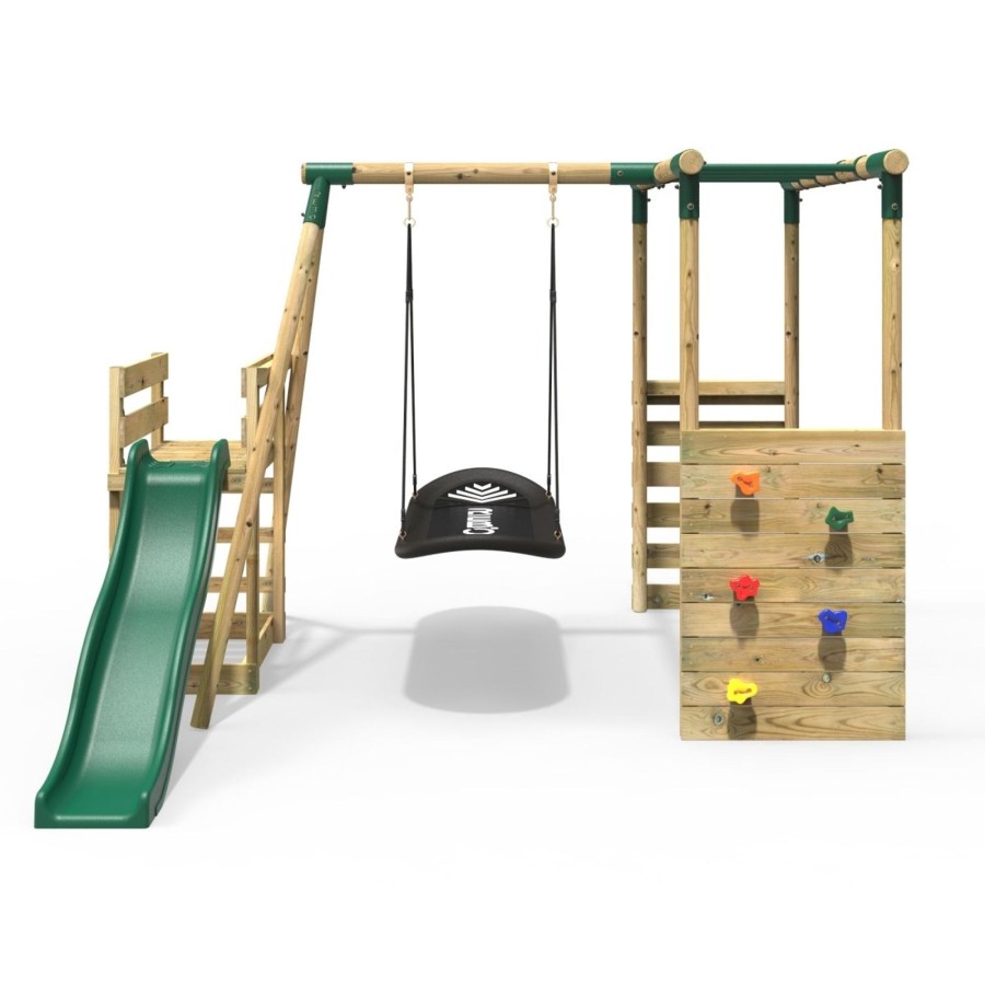 Swings OutdoorToys Wooden Swings | Rebo Wooden Swing Set With Monkey Bars Plus Deck & 6Ft Slide - Boat Green