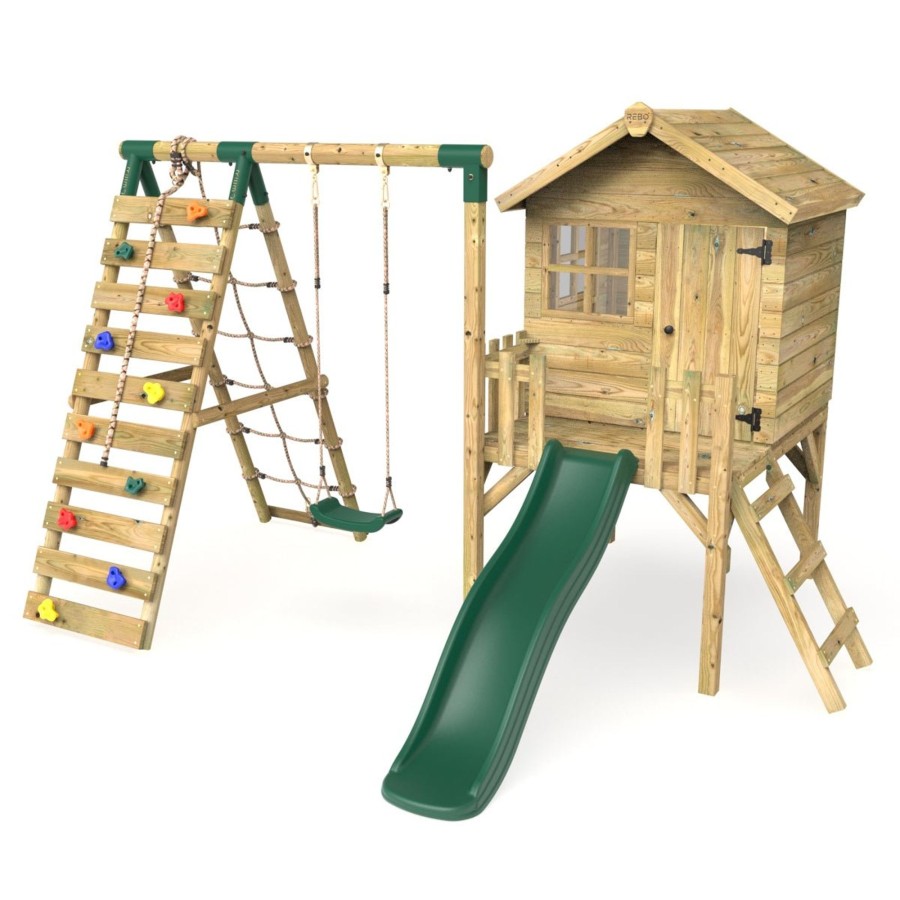 Playhouses OutdoorToys Playhouses With Slides And Swings | Rebo Orchard 4Ft Wooden Playhouse + Swings, Rock Wall, Deck & 6Ft Slide Solar Green