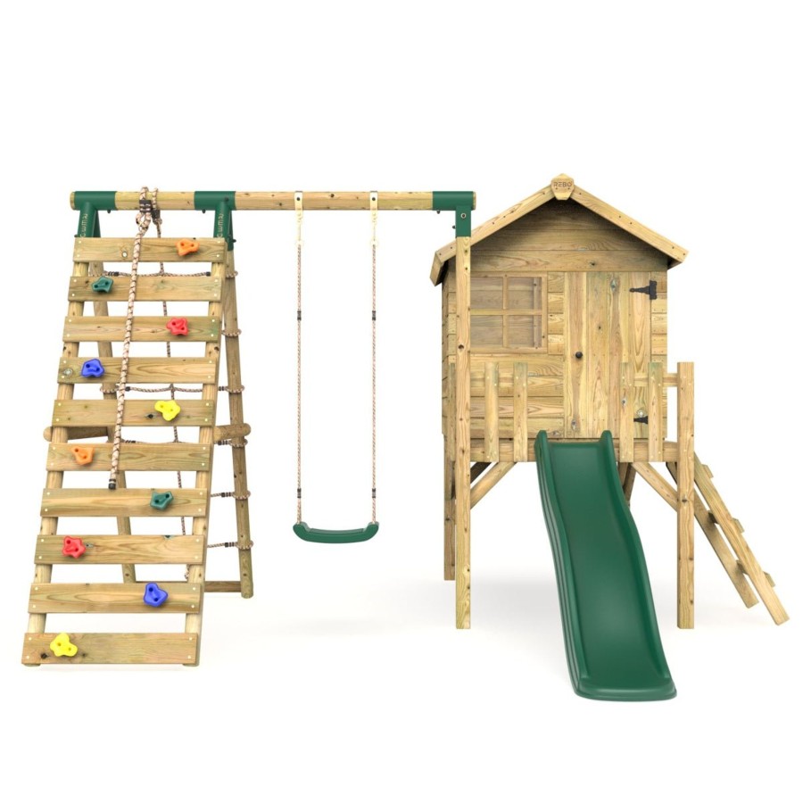 Playhouses OutdoorToys Playhouses With Slides And Swings | Rebo Orchard 4Ft Wooden Playhouse + Swings, Rock Wall, Deck & 6Ft Slide Solar Green