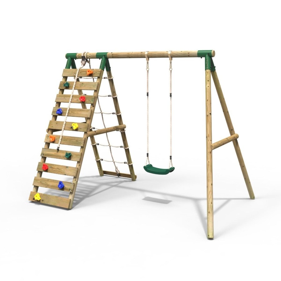 Swings OutdoorToys Wooden Swings | Rebo Wooden Swing Set With Up And Over Climbing Wall - Aria Green