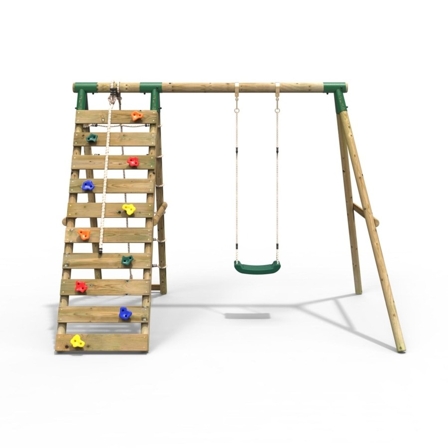 Swings OutdoorToys Wooden Swings | Rebo Wooden Swing Set With Up And Over Climbing Wall - Aria Green