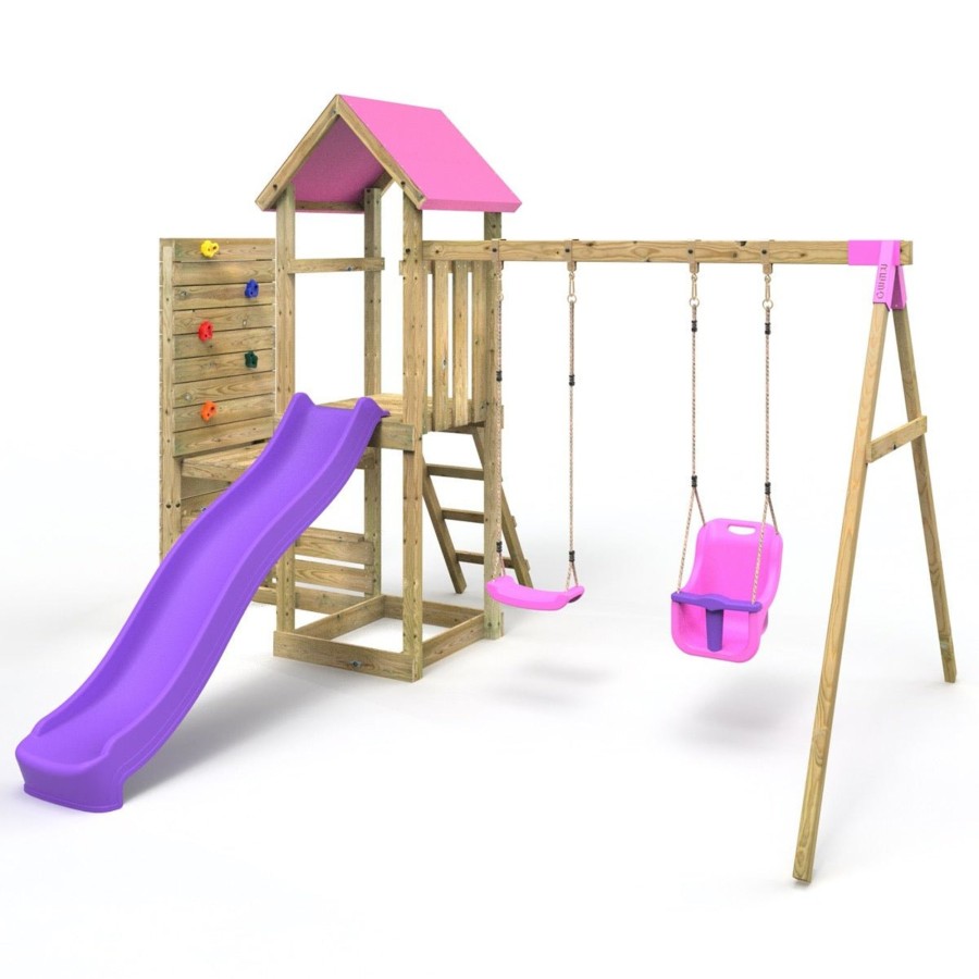 Climbing Frames OutdoorToys Climbing Frames With Rock Walls | Rebo Wooden Climbing Frame With Vertical Rock Wall, Swing Set And Slide - Rainier+ Pink