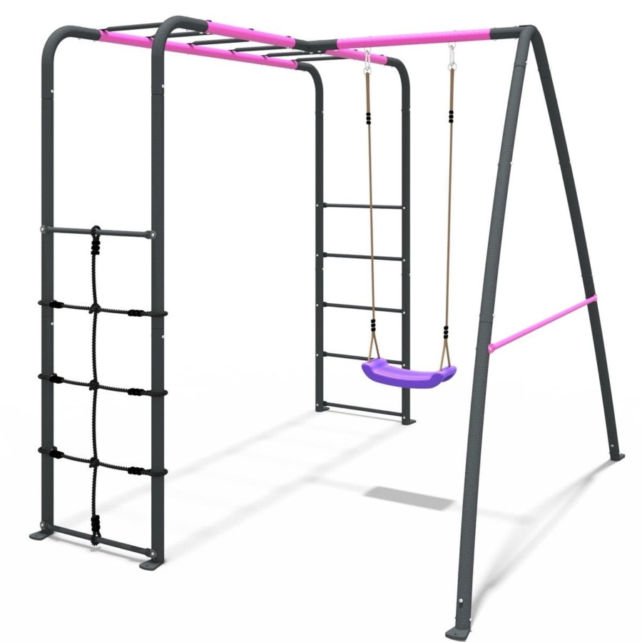 Swings OutdoorToys Metal Swing Sets | Rebo Steel Series Metal Swing Set With Monkey Bars - Single Swing Pink