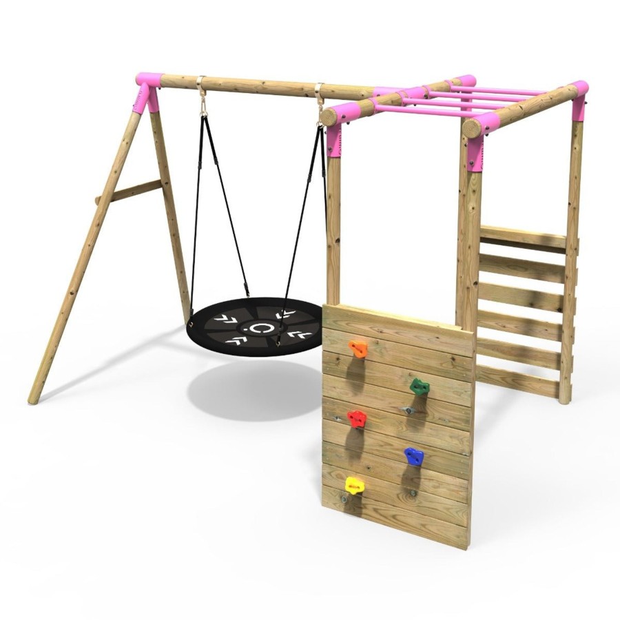 Swings OutdoorToys Wooden Swings | Rebo Wooden Garden Swing Set With Monkey Bars - Mercury Pink