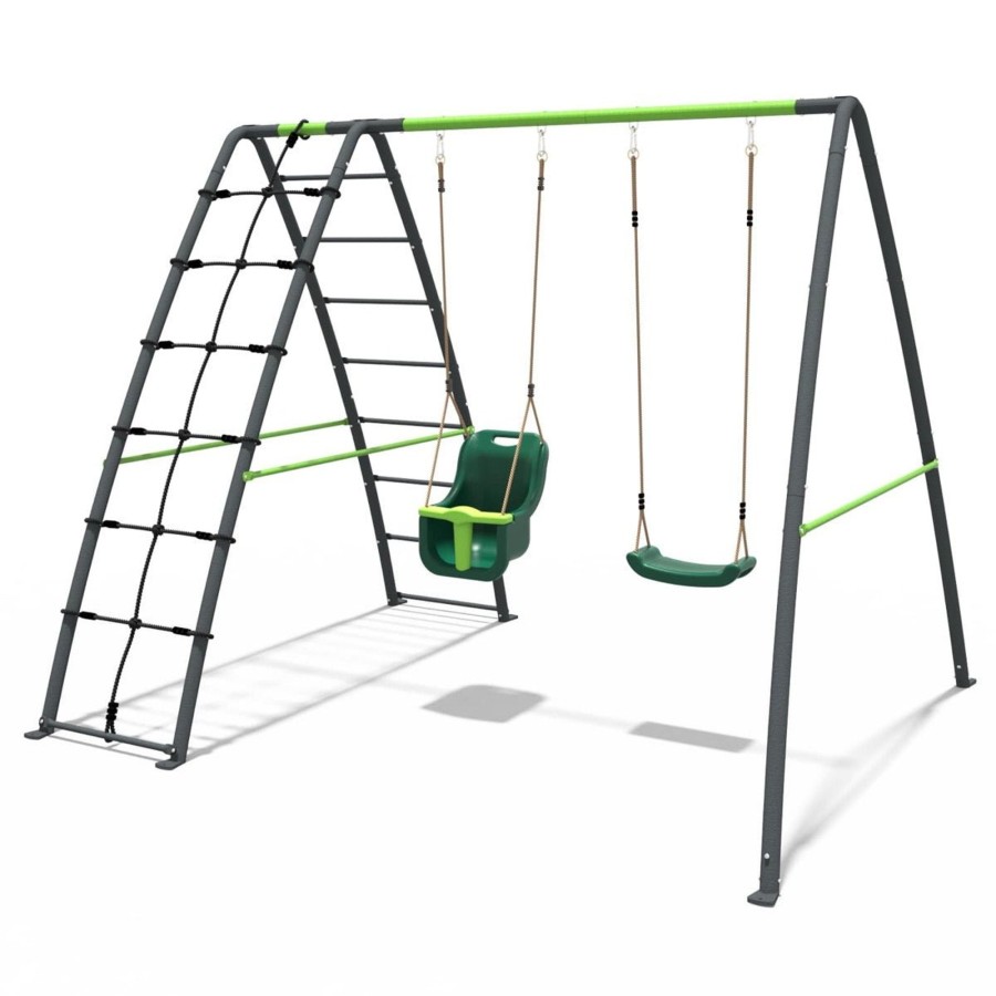 Swings OutdoorToys Metal Swing Sets | Rebo Steel Series Metal Swing Set With Up And Over Wall - Double Swing Green