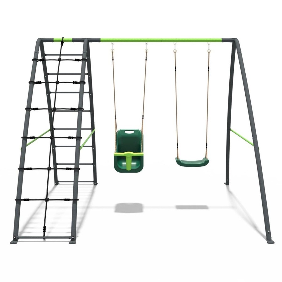 Swings OutdoorToys Metal Swing Sets | Rebo Steel Series Metal Swing Set With Up And Over Wall - Double Swing Green