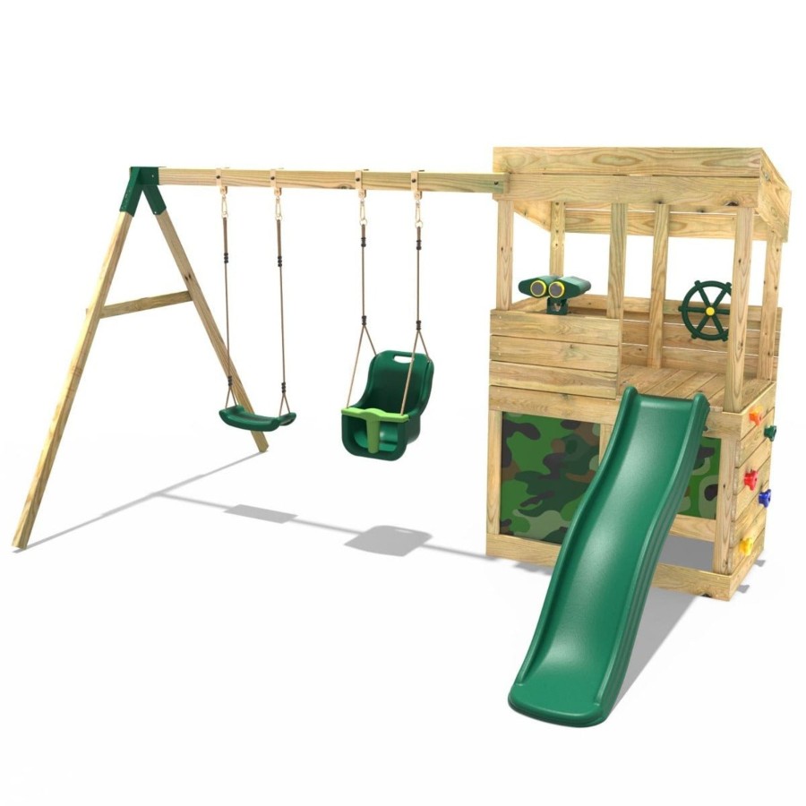 Playhouses OutdoorToys Playhouses With Slides And Swings | Rebo Wooden Lookout Tower Playhouse With 6Ft Slide & Swing - Zion Camouflage