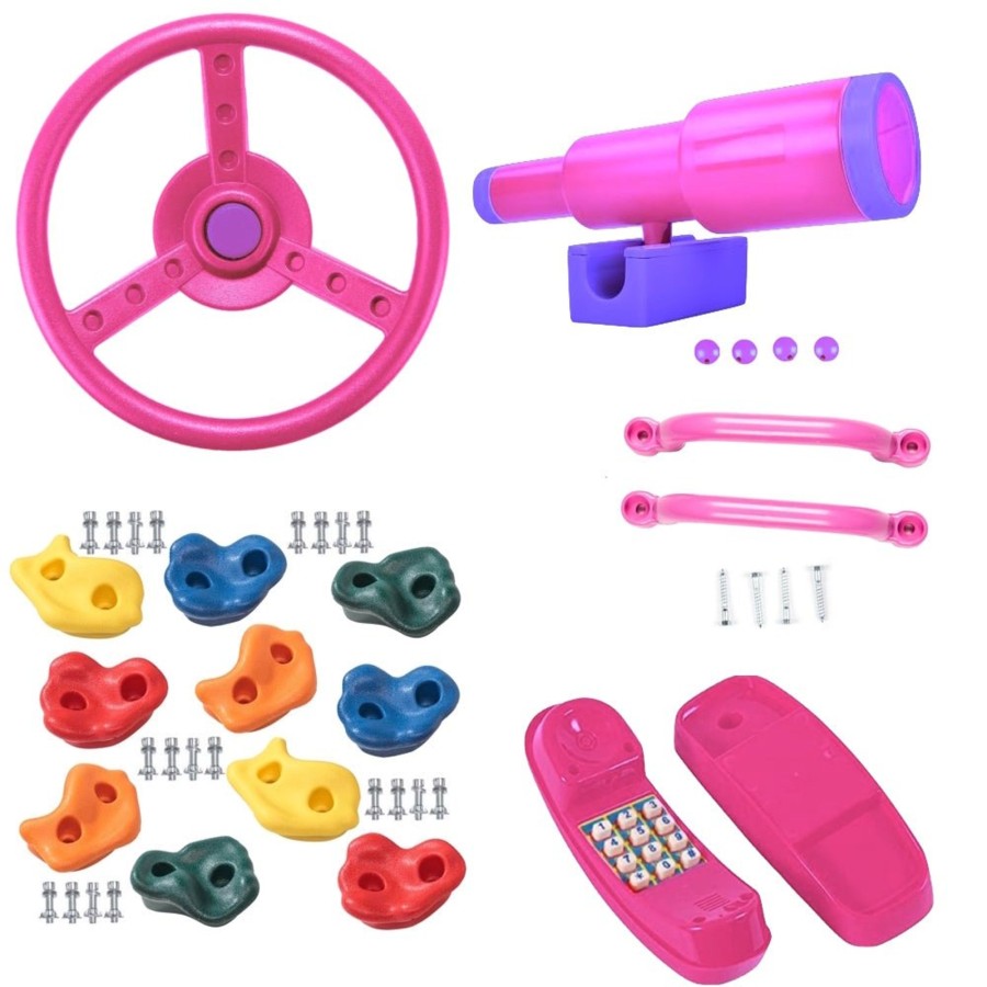 Climbing Frames OutdoorToys Accessories & Addons | Rebo Climbing Holds, Telephone, Steering Wheel, Telescope And Handgrips - Pink