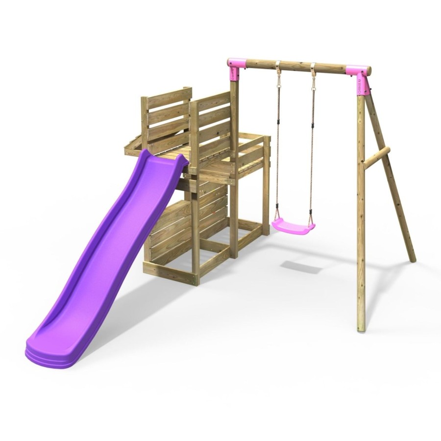 Swings OutdoorToys Wooden Swings | Rebo Wooden Swing Set With Deluxe Add On Deck & 8Ft Slide - Solar Pink