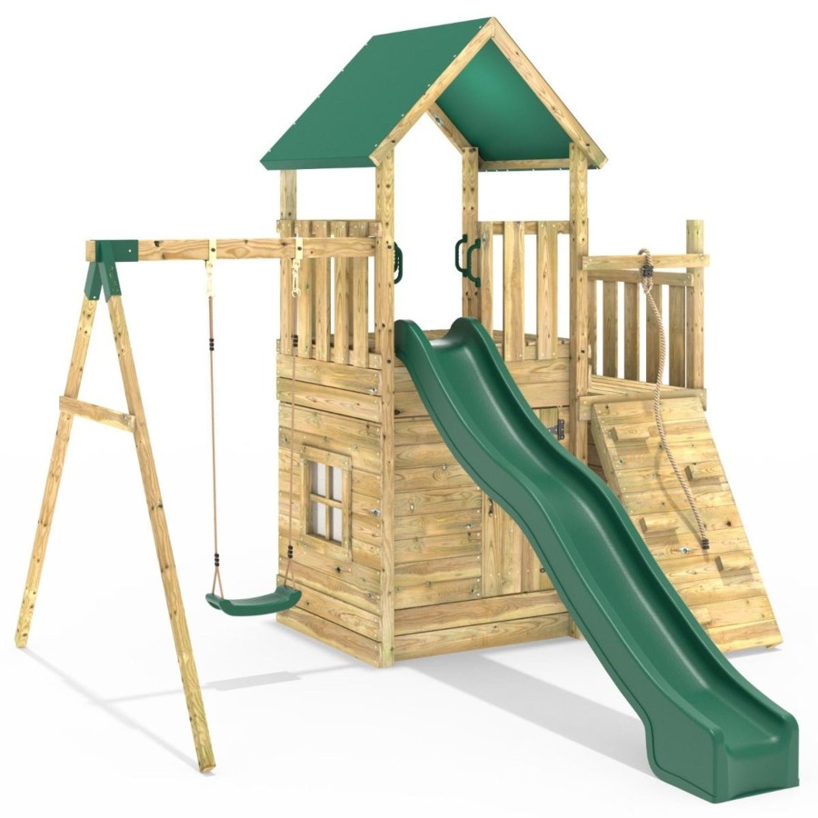 Climbing Frames OutdoorToys Climbing Frames With Rock Walls | Rebo Modular Wooden Climbing Frame Adventure Playset - M8 Plus Ramp & Single Swing