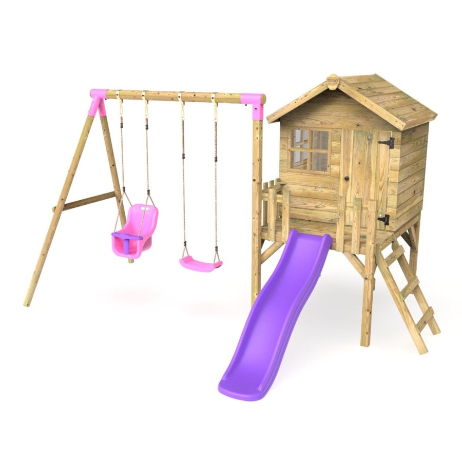 Playhouses OutdoorToys Playhouses With Slides And Swings | Rebo Orchard 4Ft X 4Ft Wooden Playhouse + Swings, 900Mm Deck & 6Ft Slide - Luna Purple