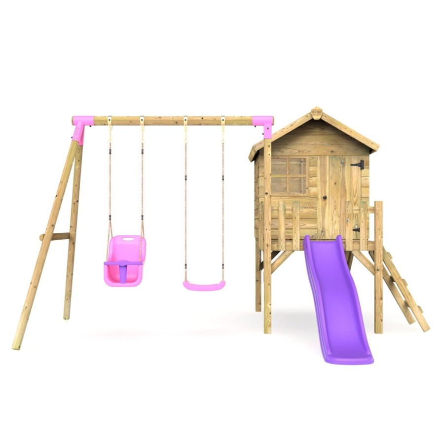 Playhouses OutdoorToys Playhouses With Slides And Swings | Rebo Orchard 4Ft X 4Ft Wooden Playhouse + Swings, 900Mm Deck & 6Ft Slide - Luna Purple