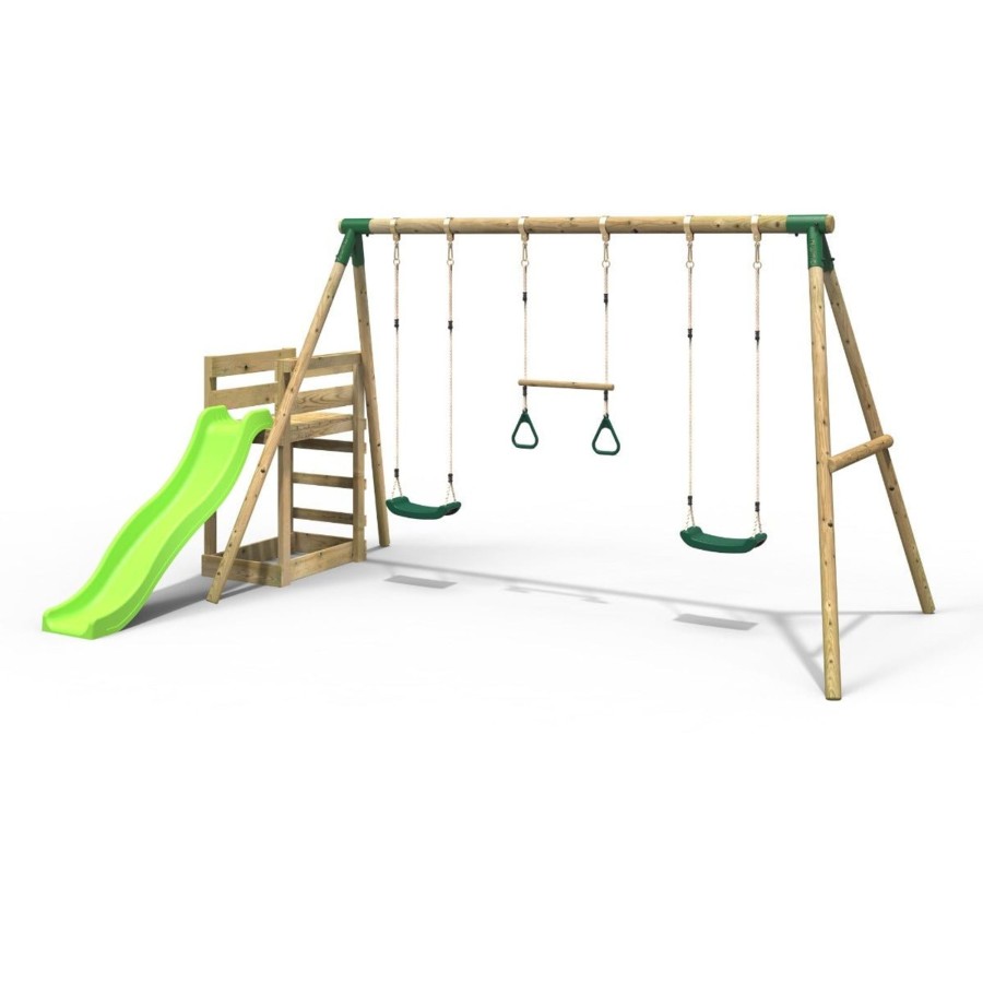 Swings OutdoorToys Wooden Swings | Rebo Wooden Swing Set Plus Deck & Slide - Comet Green