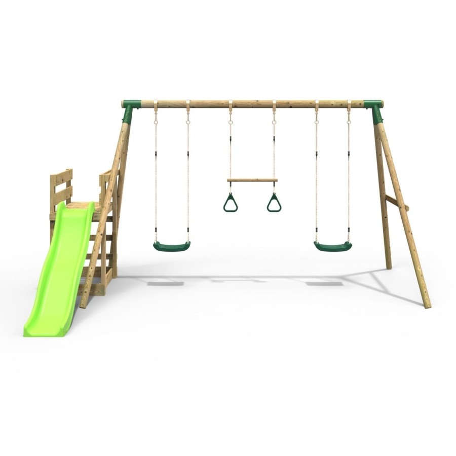 Swings OutdoorToys Wooden Swings | Rebo Wooden Swing Set Plus Deck & Slide - Comet Green