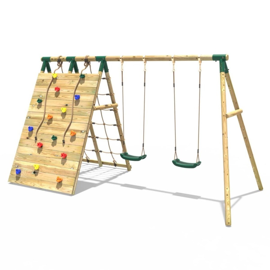 Swings OutdoorToys Wooden Swings | Rebo Beat The Wall Wooden Swing Set With Double Up & Over Climbing Wall Capstone