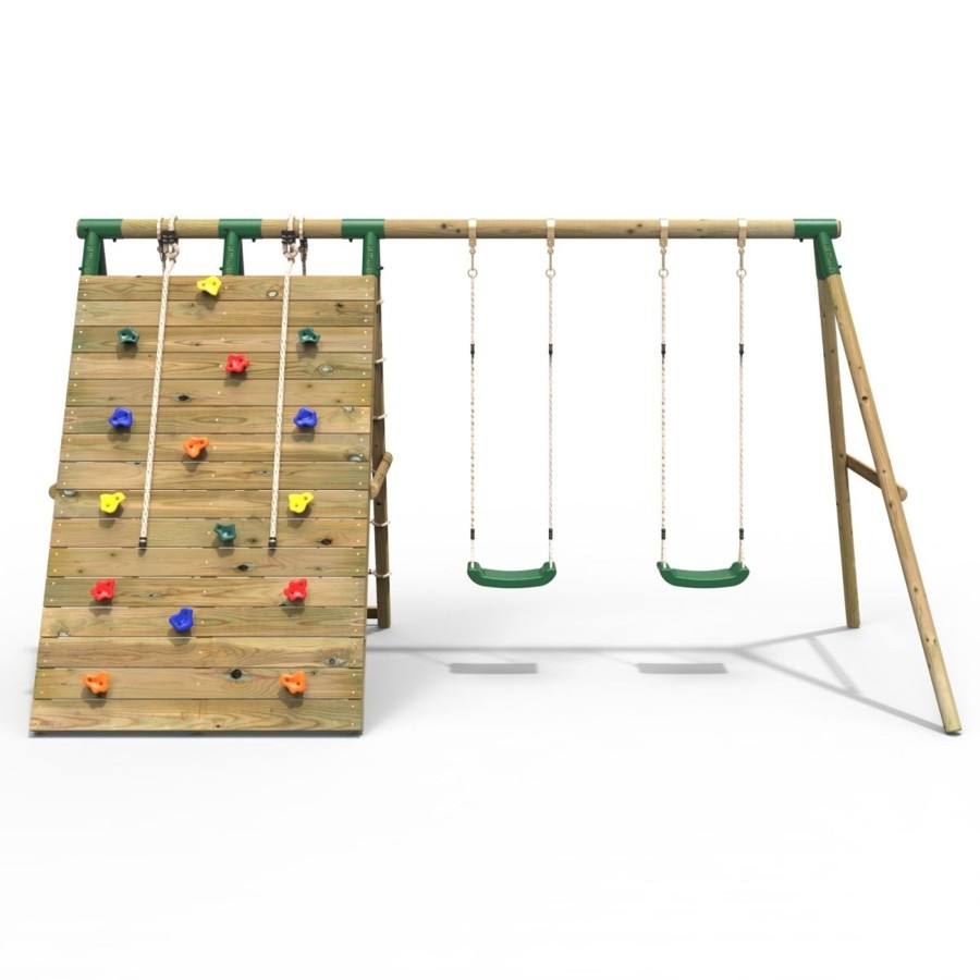 Swings OutdoorToys Wooden Swings | Rebo Beat The Wall Wooden Swing Set With Double Up & Over Climbing Wall Capstone