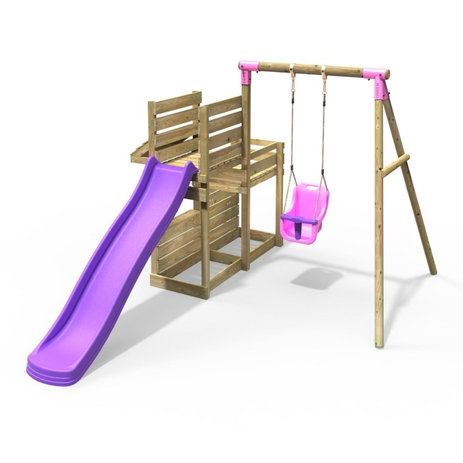 Swings OutdoorToys Wooden Swings | Rebo Wooden Swing Set With Deluxe Add On Deck & 8Ft Slide - Pluto Pink